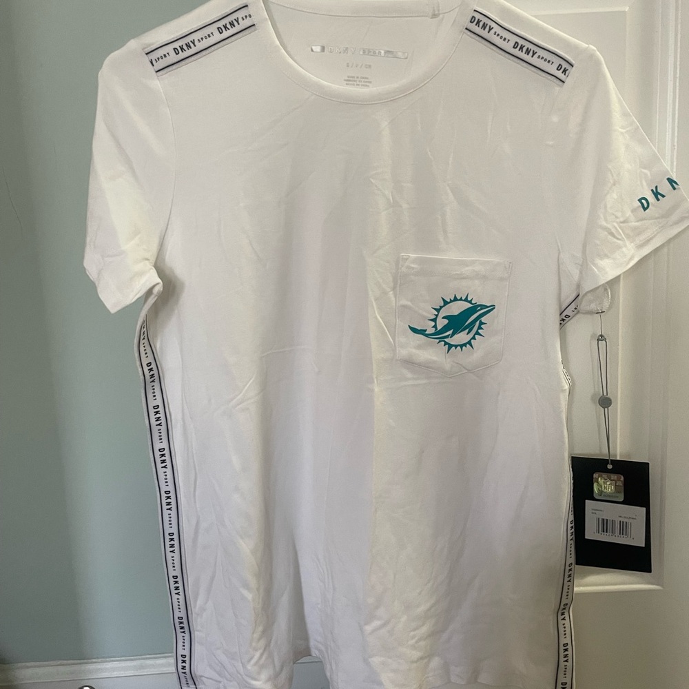 DKNY Miami Dolphins White Tee with Teal Accents, Brand new